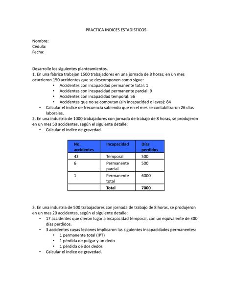 Practica Indices Estadisticos PRACTICA INDICES ESTADISTICOS Nombre