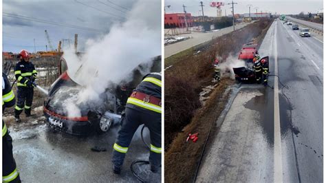 O maşină a luat foc pe autostrada A1 pe sensul de mers spre Capitală