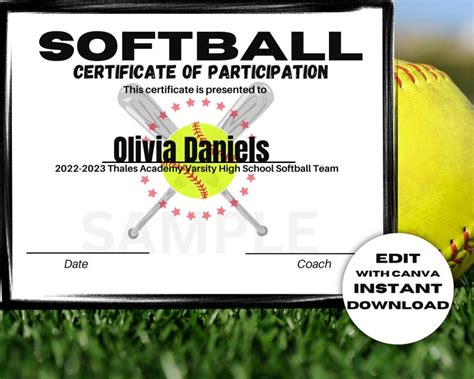 Editable Softball Certificate Template Award Participation Diploma