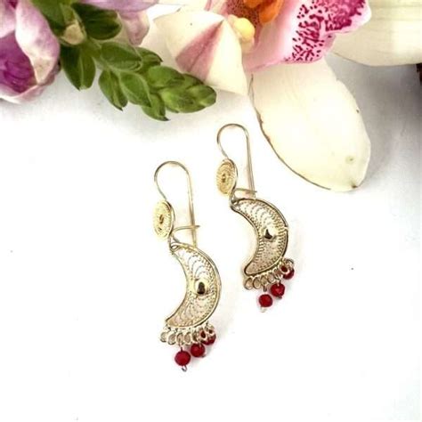 Aretes Filigrana Luna Con Rojo Albor Arte Mx