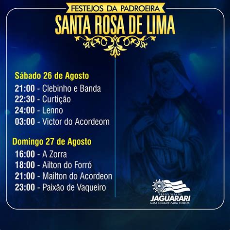 Jaguarari Confira a programação dos festejos de Santa Rosa de Lima