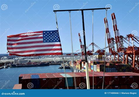 Us Flag On The Mast Of Cargo Ship Editorial Photo Image Of Nautical