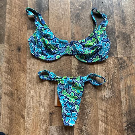 Blue Floral Bikini Set Vintage 90s Thong High Cut Depop