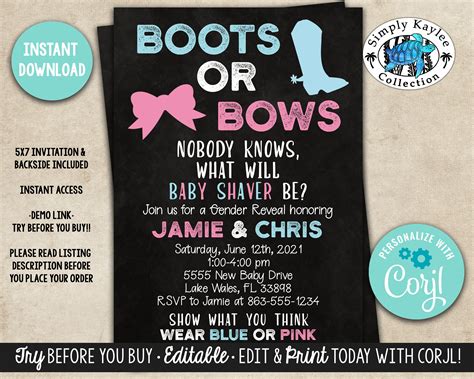 Boots Or Bows Gender Reveal Party Invitation Cowboy Or Etsy