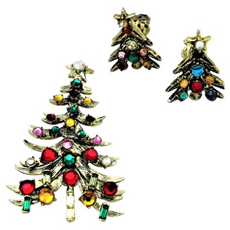 Christmas Tree Brooch With Matching Clip On Earring By Hollycraft Usa