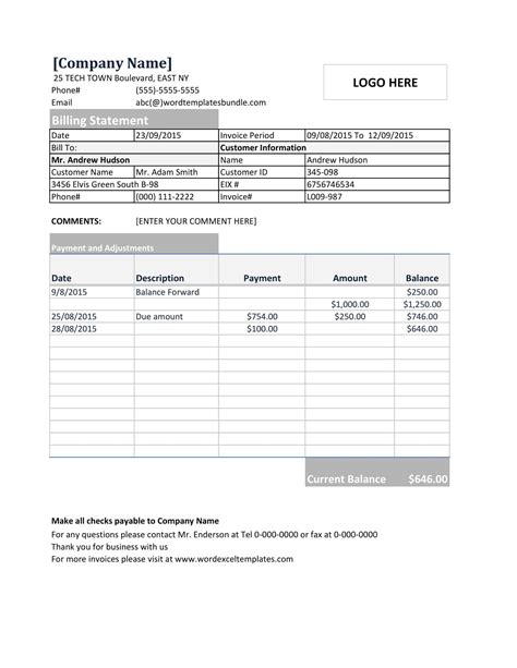 Free Printable Billing Statement Templates Excel Word Pdf