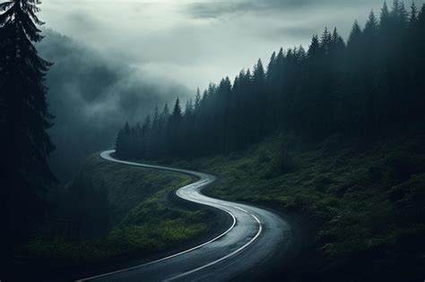 Premium AI Image A Winding Mountain Road Disappearing Into The Mist