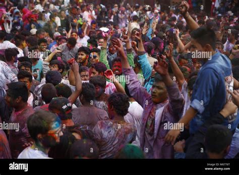 Kathmandu Nepal 1st Mar 2018 Revelers Covered In Vermillion Colors