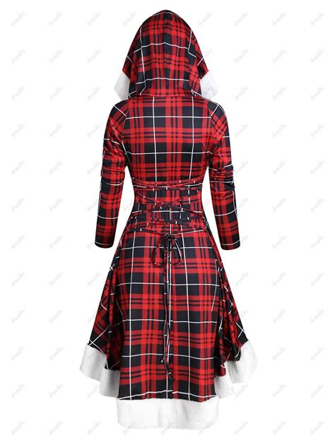 Off Plaid Faux Fur Insert Hooded Lace Up High Low Dress In