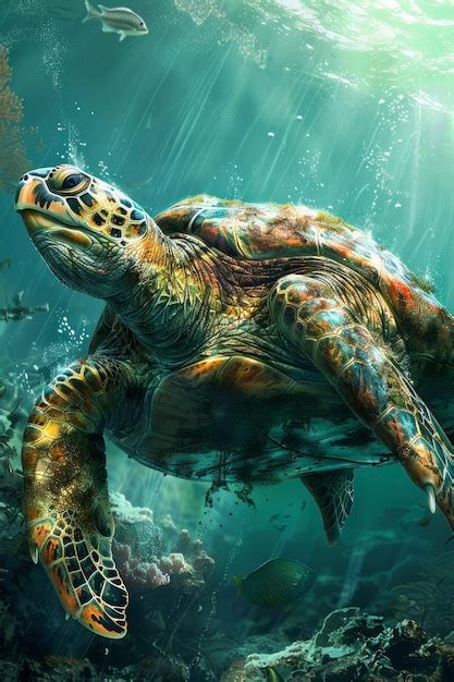 Premium Photo Majestic Sea Turtle Swimming Underwater With Sun Rays