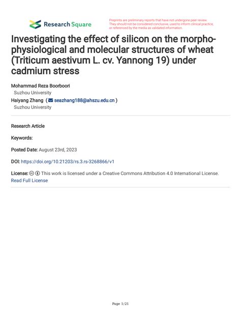 PDF Investigating The Effect Of Silicon On The Morpho Physiological