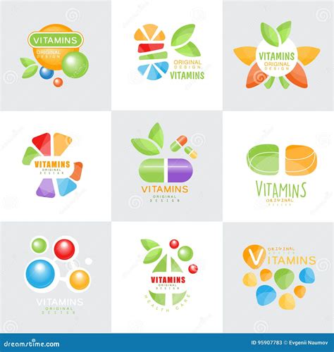 Vitamins Logo Set Original Design Colorful Vector Illustrations Stock