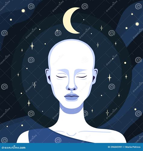 Beautiful Bald Woman With Closed Eyes On Night Sky Background With