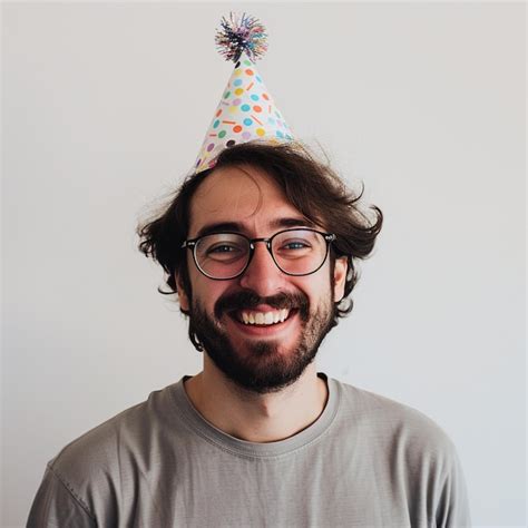 Smiling Guy Wearing A Party Hat On A White Background Premium Ai