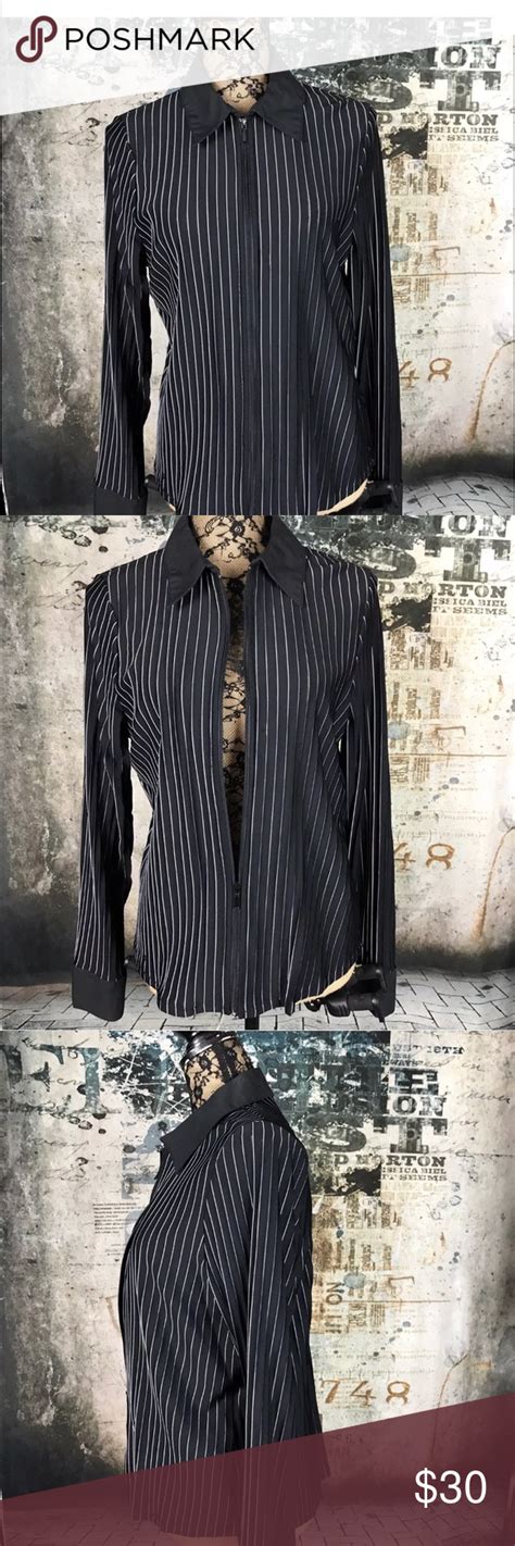 Stretchy Blouse Sheer Black White Pinstripe Zip L Stretchy Blouse Sheer Black White Pinstripe