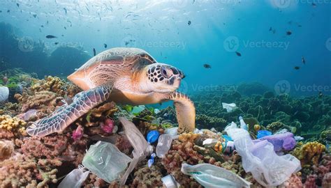 Turtle Underwater Dirty Ocean From Plastic Junk Waster Aquatic Animal