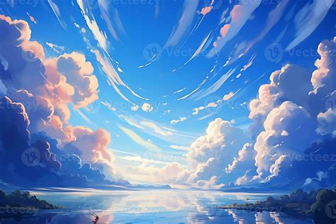 Anime style painting of a blue sky with clouds and a boat, AI ...