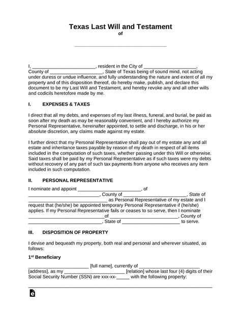 Free Texas Last Will And Testament Template Pdf Word Eforms