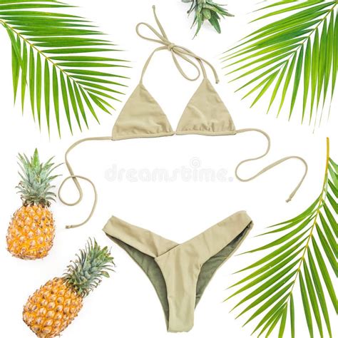 Summer Tropical Concept Pineapple Fruits Palm Leaves And Bikini Swimwear On White Background