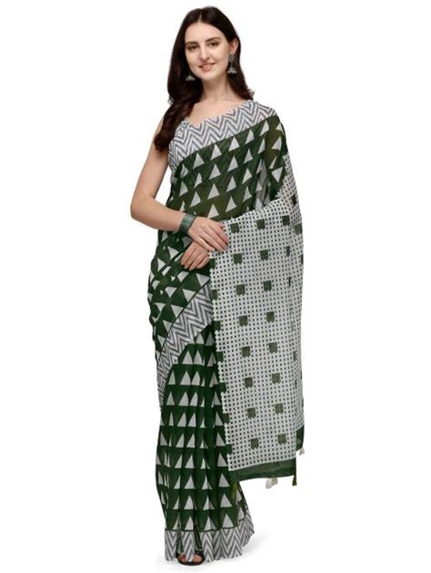 Buy Kavindi Fab Geometric Print Bollywood Cotton Linen Saree Green