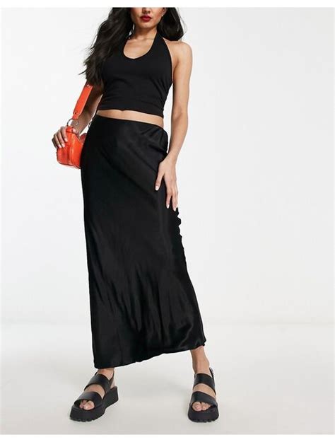 Buy River Island Satin Bias Midi Skirt In Black Online Topofstyle