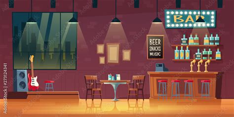 Music bar, pub cartoon vector empty interior with illuminated signboard ...