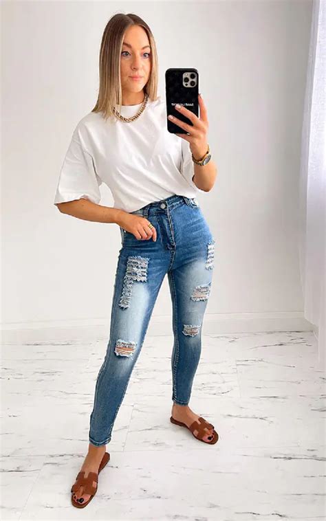 Lyla High Waisted Skinny Jeans With Ripped Detail In Denim Ikrush