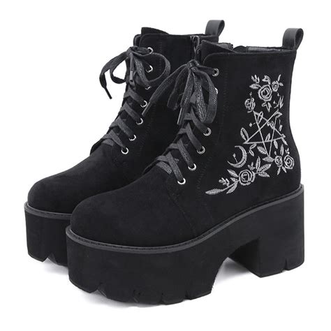 Floral Suede Platform Boots Gothic Punk Shoes With Lace Up Etsy