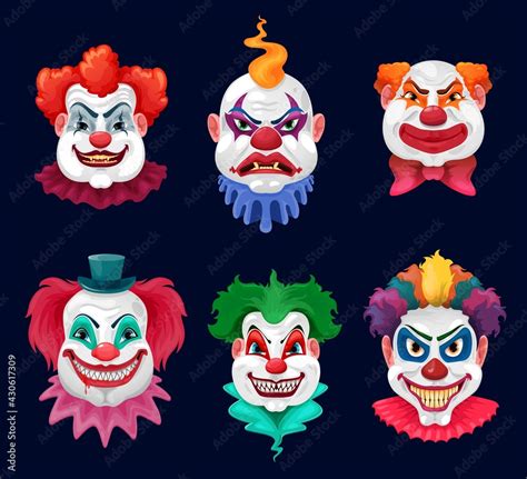 Horror clown and scary circus monster faces cartoon vector design of ...