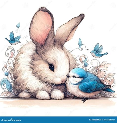 A Bunny and a Bluebird Sharing a Moment Stock Illustration