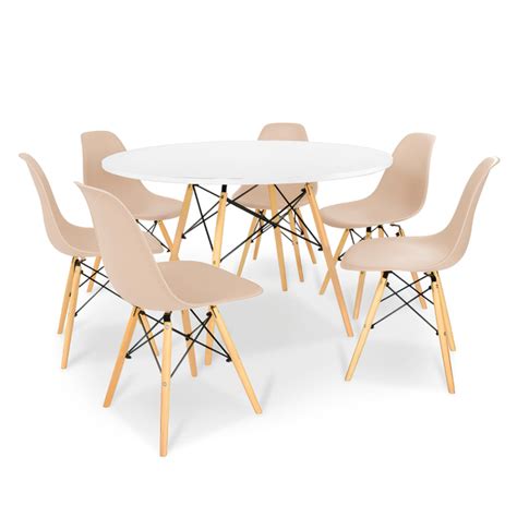 Conjunto Mesa De Jantar Eiffel 120cm Branca 6 Cadeiras Charles Eames Eiffel Wood Nude