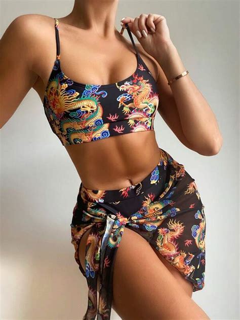 Pack Chinese Dragon Bikini Swimsuit Beach Skirt Shein Usa