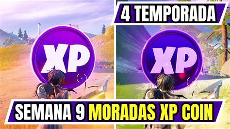 UBICACIÓN de TODAS las MONEDAS XP MORADAS DE SEMANA 9 TEMPORADA 4