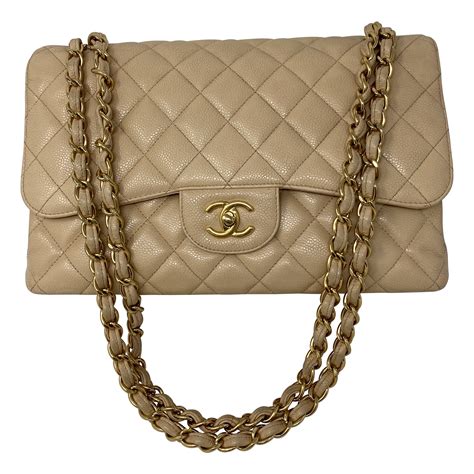 Chanel Vintage Jumbo Single Flap In Cream Caviar Leather With Gold