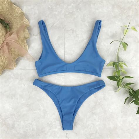 2018 Bikini Blue Deep U Neck Women Sexy Bikinis Mujer Brasileno With