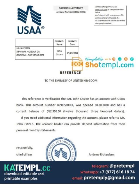 Usa Usaa Bank Account Reference Letter Template In Word And Pdf Format