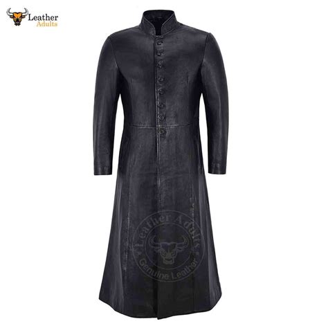 Mens Black Real Cowhide Leather Goth Long Coat Steampunk Matrix Trench Leather Adults