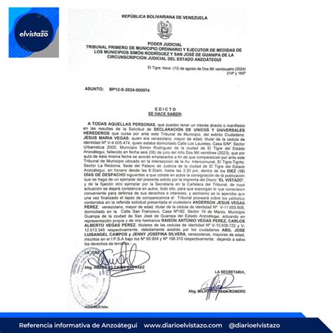 Edicto del Tribunal Primero de los municipios Simón Rodríguez y Guanipa