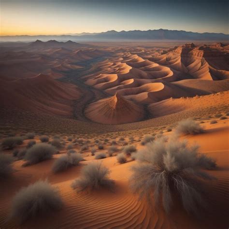 Uma paisagem desértica montanhas ao fundo e um pôr do sol ao fundo