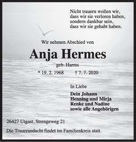 Traueranzeigen Von Anja Hermes Nordwest Trauer De