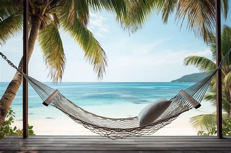 Premium Photo Tranquil Beach Scene With A Hammock Hanging Between