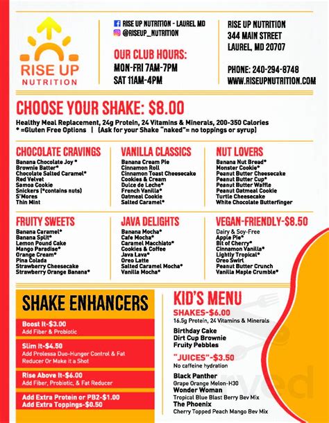 Menu For Rise Up Nutrition In Laurel Maryland United States