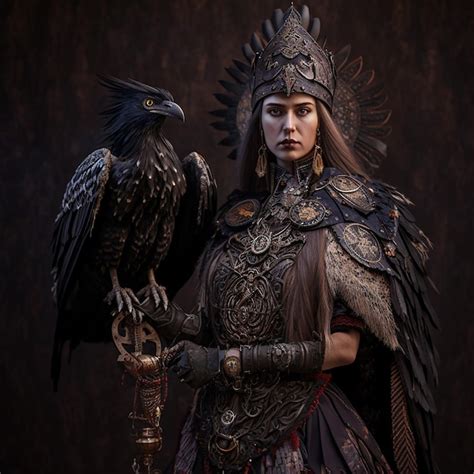 Premium Photo Full Body Shot Of Hot Female God Odin Two Raven