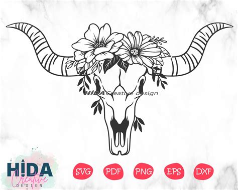 Floral Buffalo Skull Svg Bison Head Skull With Flower Svg Etsy