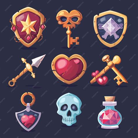 Premium Vector | Cartoon Game UI Assets Shields Keys Hearts Skulls Potions