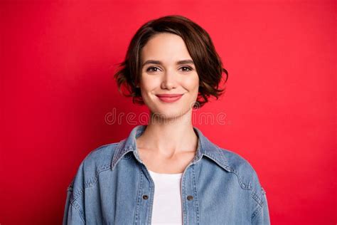 Photo Of Optimistic Bob Hairdo Millennial Lady Wear Jeans Shirt