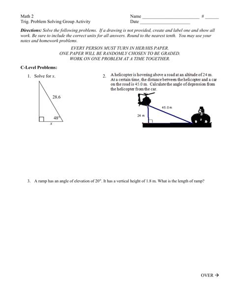 Trig Word Problems Worksheet