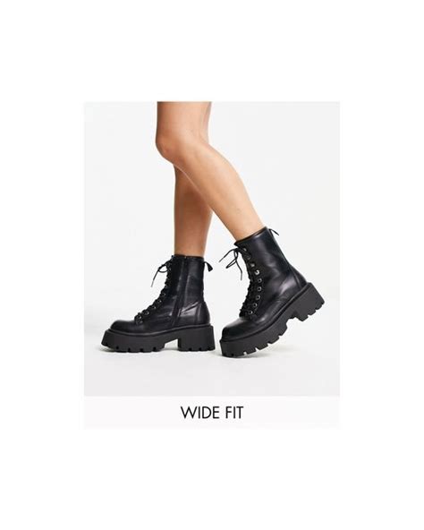 Truffle Collection Wide Fit Square Toe Chunky Lace Up Boots In Black Lyst