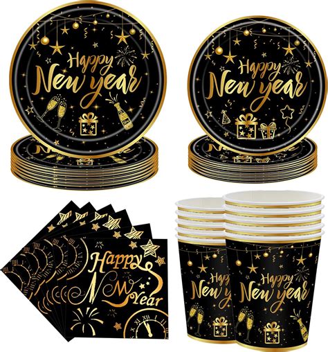 2025 New Year Tableware Set 96 Pcs Black And Gold New Year