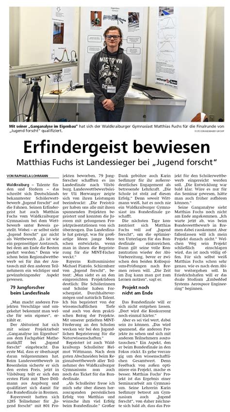 Jugend Forscht Matthias Fuchs Auch Bundesweit Erfolgreich Gymnasium